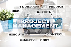 Project management on the virtual screen. Business concept.