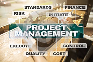 Project management on the virtual screen. Business concept.