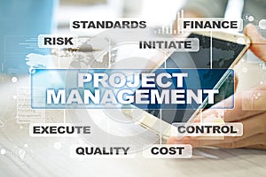 Project management on the virtual screen. Business concept.