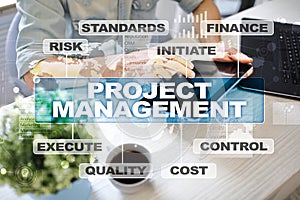 Project management on the virtual screen. Business concept.