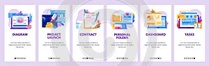 Project management website and mobile app onboarding screens vector template