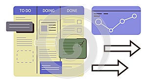 Project Management Workflow with Kanban Board, Progress Chart, and Task Flow Arrows