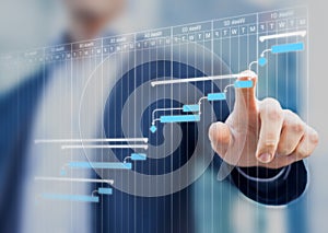 Project manager updating Gantt chart planning on a virtual screen