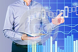 Project manager updating tasks and milestones progress planning with  scheduling interface on a virtual screen. Businessman work