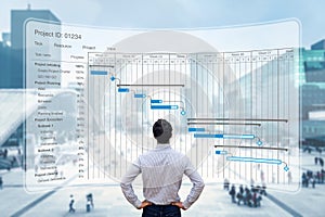 Project manager working with Gantt chart planning schedule, tracking milestones and deliverables and updating tasks progress,