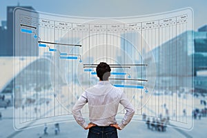 Project manager working with Gantt chart planning, tracking milestone and deliverables and updating tasks progress, scheduling photo