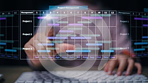 Project manager working on laptop and updating tasks and milestones progress planning with Gantt chart scheduling interface for