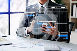 Project manager working and update tasks with milestones progress planning and Gantt chart scheduling diagram.business tram