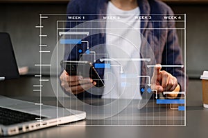 Project manager working and update tasks with milestones progress planning and Gantt chart scheduling diagram.business tram