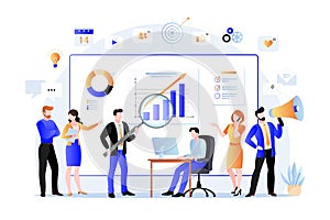 Project managers and business marketers analyzes data, develops product promotion strategy. Vector flat illustration