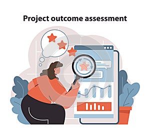 Project Outcome Analysis. Manager scrutinizes performance data, pinpointing. photo