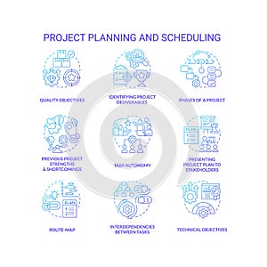 Project planning and scheduling blue gradient concept icons set