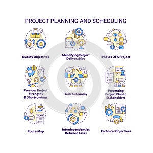 Project planning and scheduling concept icons set