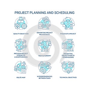 Project planning and scheduling turquoise concept icons set