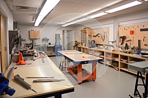 project room filled with tools, materials, and projects of various levels of completion