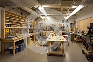 project room filled with tools, materials, and projects of various levels of completion
