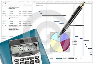Project schedule analysis with pen, calculator & notebook