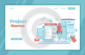 Project Startup. Financial planning Idea Strategy Management Realization Success. Rocket launch, laptop, report, business plan,