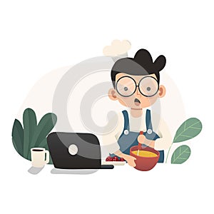 People cooking on kitchen table set vector flat illustration. Happy young man cooking food on isolated white background.
