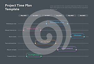 Project time plan business template with six project tasks in time intervals - dark version