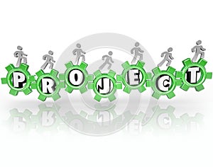 Project Word Gears People Working Together Accomplish Task