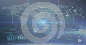 Projecting dotted world map interface in starry space, showing pie chart, network nodes, lens flare