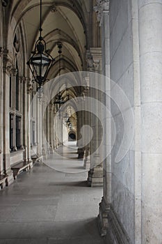 Projection Of Gothic Columns And Arches And Lamps In The Old Building