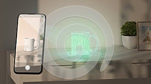 Projection mug hologram on table phone display augmented reality