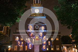 Projections of Founding Fathers on outside of Independence Hall, Philadelphia, Pennsylvania