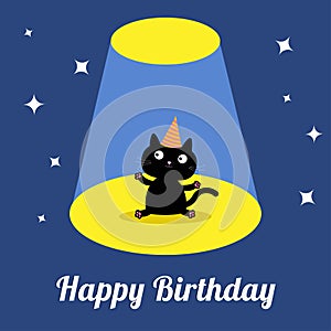 Projector light in the circus show Cute cartoon black cat with hat. Birthday Card. Flat design