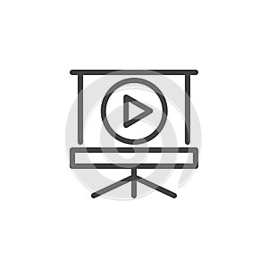 Projector screen and play button line icon. Online blog, flogging, stream, video chat concept graphic logo. Vector photo