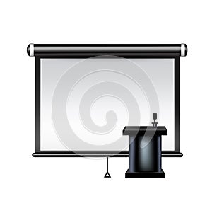 Projector screen with presentation table and microphone