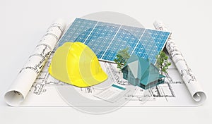 Projects for ecological house with solar panels, 3d render