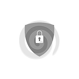 Grey secure digital shield vector logo with white padlock.