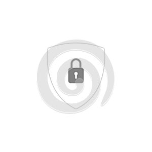 White secure digital shield vector logo with grey padlock.