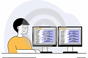 Programmer working at desk with two monitors, concept of coding and software development, vector illustration