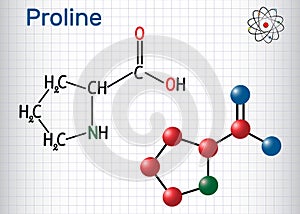 Proline L- proline, Pro , P proteinogenic amino acid molecule. Sheet of paper in a cage. Structural chemical formula and