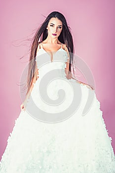 Prom party with girl in white dress. prom and wedding ceremony concept.