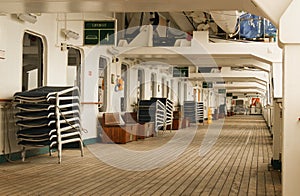 An empty cruise ship promenade deck during lockdown caused by the coronavirus pandemic