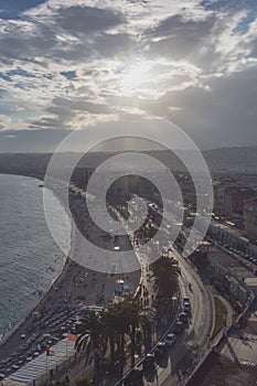 Promenade des Anglais and city of Nice, France, by the sea, from