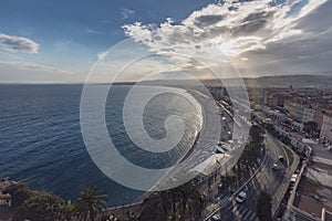 Promenade des Anglais and city of Nice, France, by the sea, from