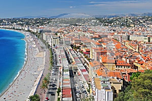 Promenade des Anglais, The Marche aux Fleurs and the city of Nice from the Parc de Colline du Chateau, France. photo