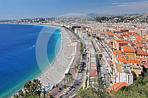 Promenade des Anglais, The Marche aux Fleurs and the city of Nice from the Parc de Colline du Chateau, France