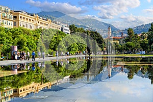 Promenade du Paillon with a fountain near Place Massena in Nice