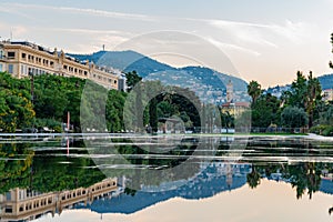 Promenade du Paillon park with beautiful reflection at Nice