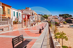 Promenade seafront in Calella de Palafrugell, Catalonia, Spain near Barcelona. Scenic village resort with nice sand beach and