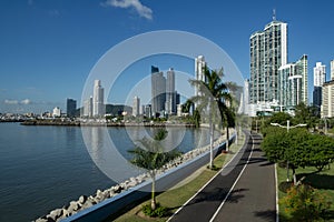 Promenade and skyline background in Panama City