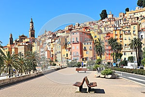 Promenade and town of Menton in France.