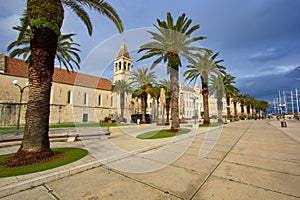 Promenade in Trogir town (Croatia) with a view of palm trees and the church of St. Dominica