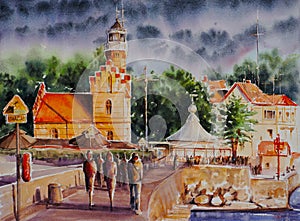 Promenade in Ustka,Poland watercolors painted. photo